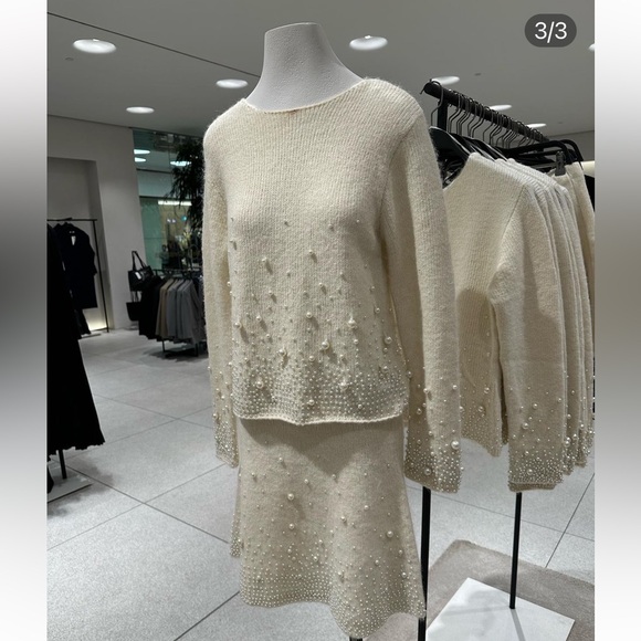 ZARA 2 PIECES MATCHING SET KNIT SWEATER WITH PEARLS AND PEARL KNIT MINI SKIRT - Picture 15 of 16